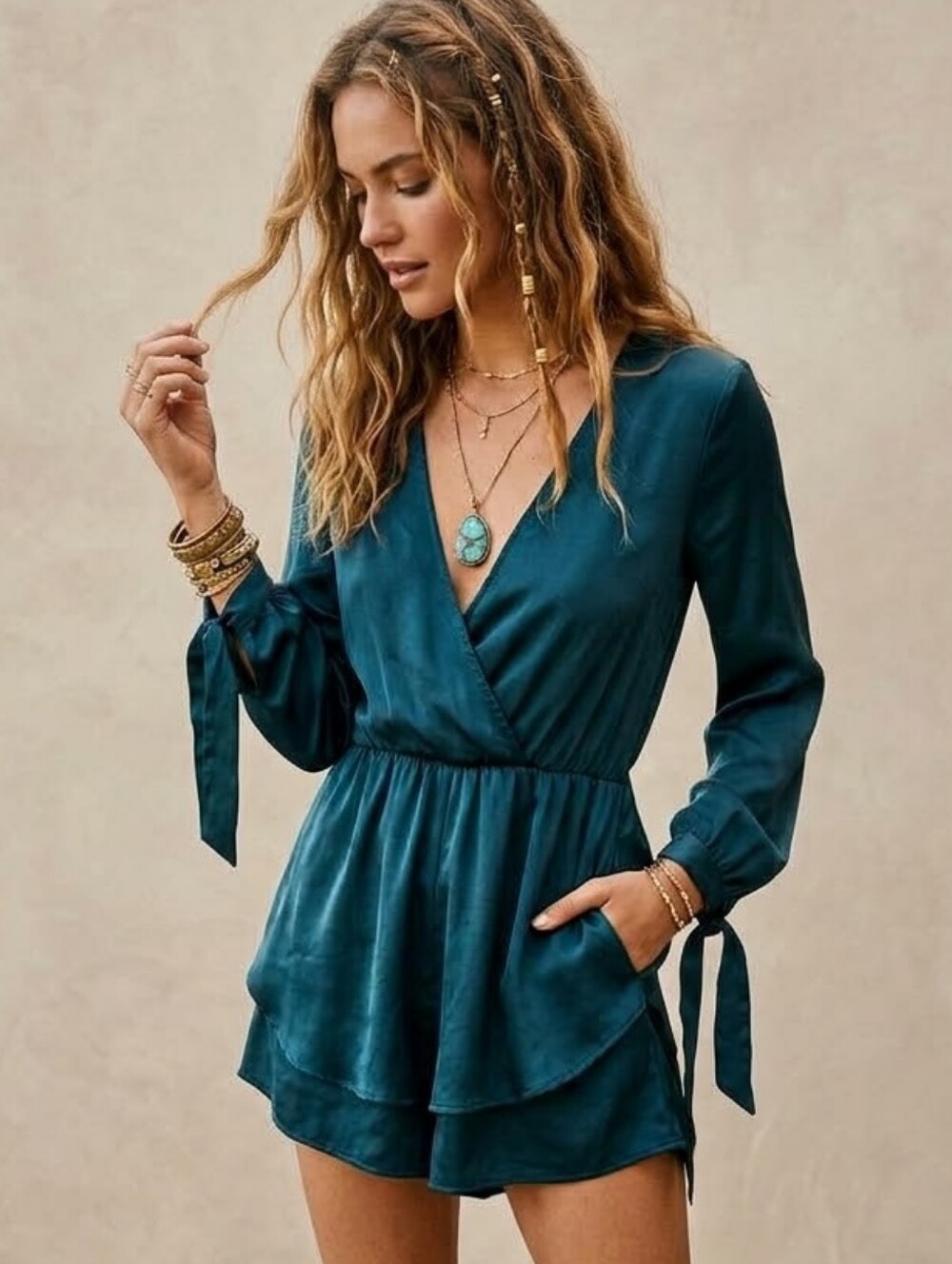 L'ATISTE Teal Satin Long Sleeve Romper Dress V-Neck Tie Cuff Skort Jumpsuit medi